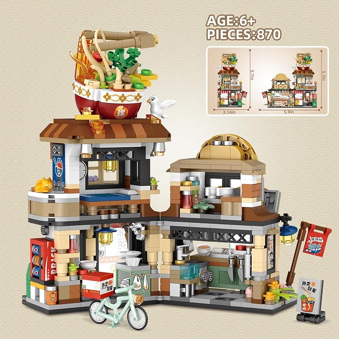 Street View Noodle Shop Mini Building Blocks, MOC Creative Building Toys Model Set for Girls 7-9 Years Old, 870 PCS Simulation Architecture Construction Toy, Gift Idea for Kids Adults