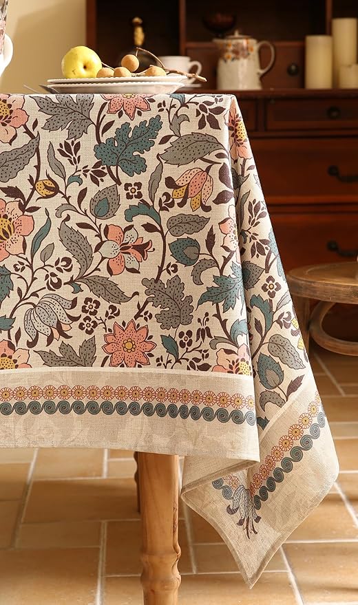 ISAENNE Designer Boho Floral Rectangular Tablecloth,Linen Lotus Flower Pattern Colorful Indoor Table Cloth,Durable Decor Tablecloths for Dining Thanksgiving Kitchen Christmas,55"*87"-Hazel A