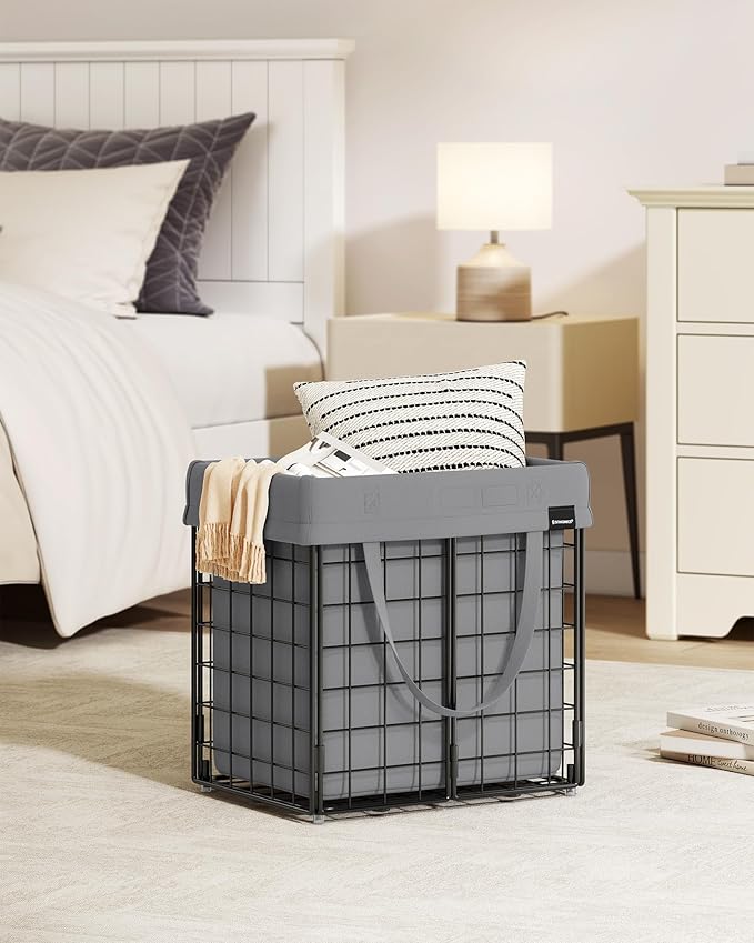 SONGMICS Laundry Hamper, 11 Gal. (50L) Laundry Basket, Collapsible Clothes Hamper, Removable and Washable Liner, Metal Wire Frame, for Bedroom Bathroom, Black and Gray ULCB150G01