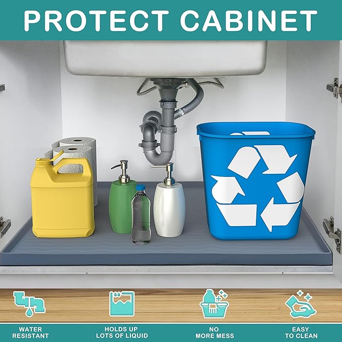 URMONA Waterproof Silicone Under Sink Mat 16'' x 10'' Shelf Liner for Kitchen and Bathroom, Cabinet and Counter Protector, Storage and Organizers, Litter Mat, Pet Cat Puppy Essentials(Brown)