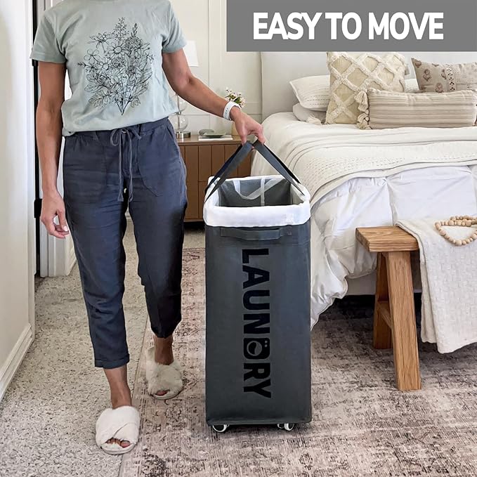 Goodpick Hamper with Wheels, 2-Pack 75L Foldable Laundry Baskets with Removable Wash Bags, Dirty Laundry Basket for Corner Dorm,Grey