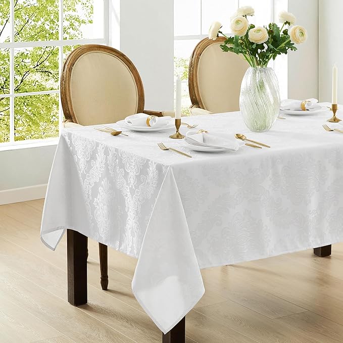 Newbridge Barcelona Luxury Damask Fabric Tablecloth, 52” Wide x 52” Square, White, 100% Polyester, No Iron, Soil Resistant Dining Room, Party and Banquet Table Cover