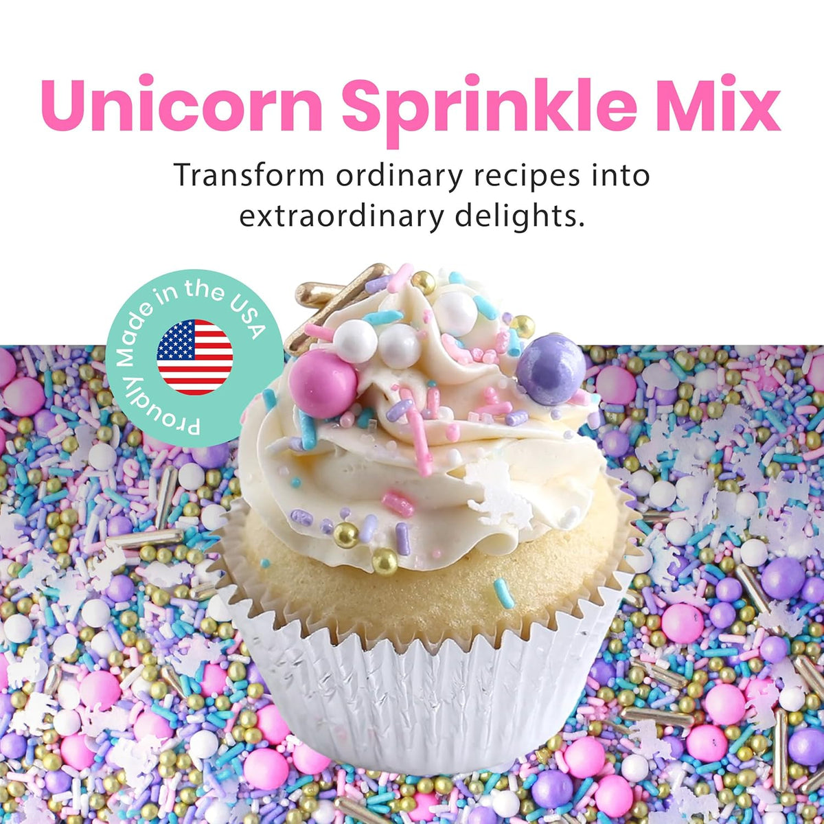 Sprinkle Pop Unicorn Sprinkle Mix| Pastel Pink Purple Blue White Sprinkles with ~20 Unicorn Wafer Paper and Gold Dragees Made in USA for Decorating Princess Birthday Cakes Cupcakes Donuts Cookies, 4oz