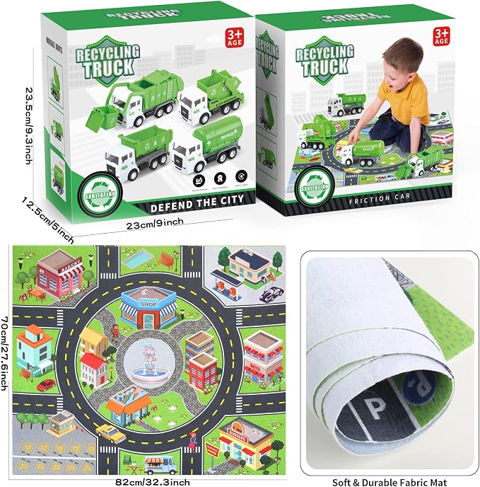 Garbage Truck Toy Vehicles Playset w/Play Mat,Friction Powered Sanitation Truck/Dump Truck/Tipper/Water Tanker,8 Pcs Signposts,6 Pcs Mini Engineer Cars for boy Age 3+ Toddlers kid Birthday Gift,Green