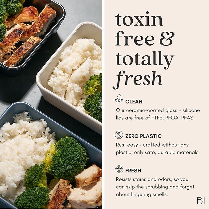 Ceramic Coated Glass Food Storage Container | No PTFE, PFOA, PFAS, and BPA | Reusable Non Toxic Meal Prep Container with Glass Lid | Easy To Store | 2.5 Cup Square [Smoke]