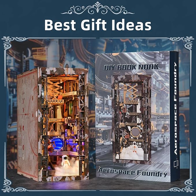 CCCDF DIY Miniature Dollhouse Book Nook Kit - 3D Wooden Puzzle Space Theme Tiny House, Bookshelf Decor with LED Lights, Creative Gift for Adults, Teens & Miniature Enthusiasts (Aerospace Foundry)