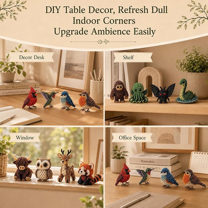 BLOWADM 4Pcs DIY 3D Animal Bead Embroidery Kit,Bird Beading Crafts with Instructions,Cute Bead Art Handmade Bird Gift for Beginners & Craft Enthusiasts