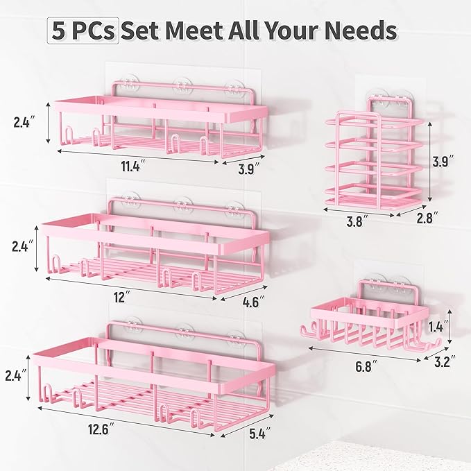 5 Pack Shower Caddy Organizer Rack Shelf for Inside Shower, Adhesive Bathroom Wall Storage Basket Rustproof Stainless Steel Shampoo Holder, Girly Bathroom Accessory Decor Set, Pink