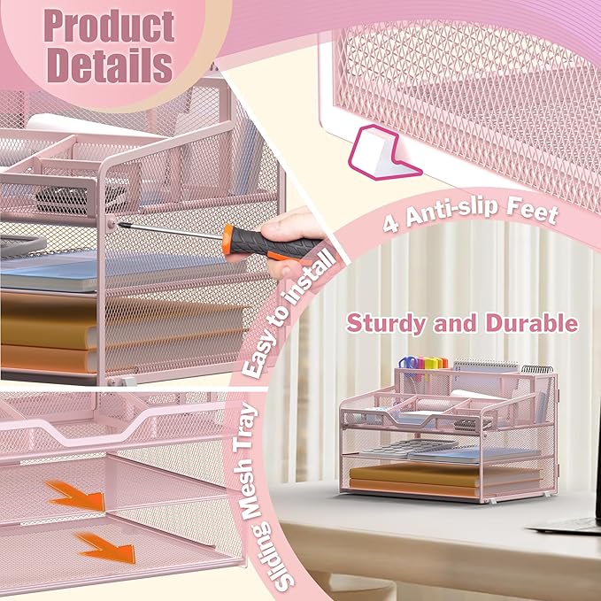 Docnest 3 Tier Mesh Desk Organizer for Paper Office Supplies – Multi-Functional Letter Tray with 5 Adjustable Compartments, 3 Pen Holders, Desktop Storage for Files, Mail, Stationery – Pink
