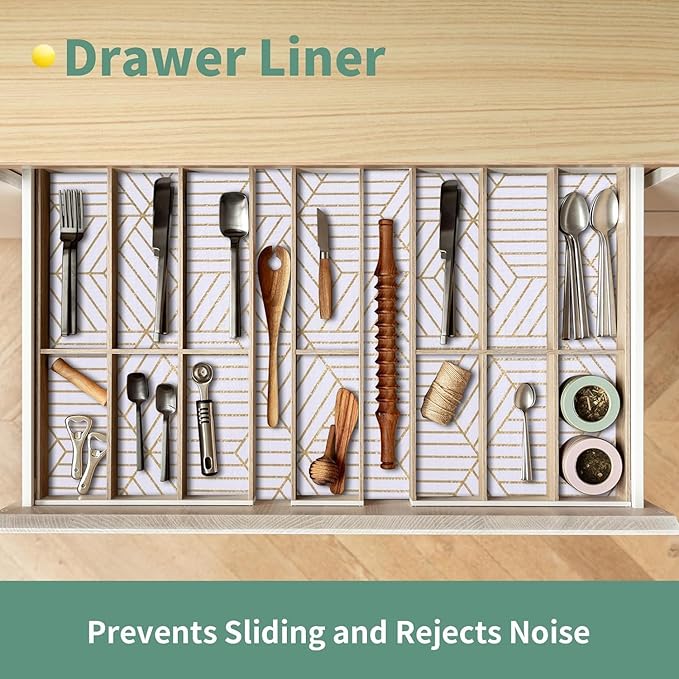 Shelf Liners for Kitchen Cabinets 17.5in x 30FT Non Adhesive Cabinet Liner Strong Non-Slip Thickened Gold Geometric Drawer Liner Easy to Clean for Shelf Cabinet with Knife and Tape Measure