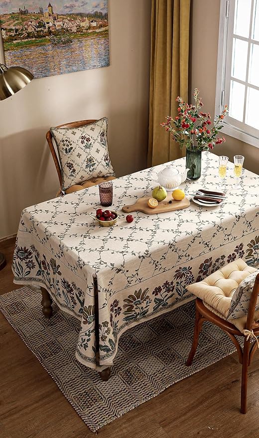 patdrea Designer Linen French Tablecloth for Rectangle Table,Fall Country Breathable Floral Tablecloths,Table Cover for Kitchen Dining,Tea Party,Christmas,Thanksgiving,55"x87"-Oliveirad