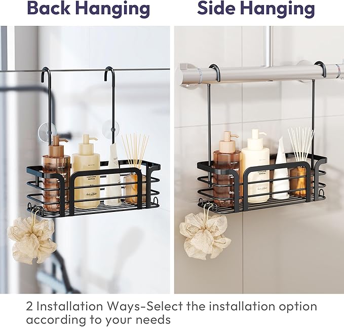 SWTYMIKI Shower Caddy Hanging Organizer - Over the Door Shower Caddy with 6 Hooks, 2 Installation Ways, Stainless Steel Rustproof Bathroom Organizer, Black