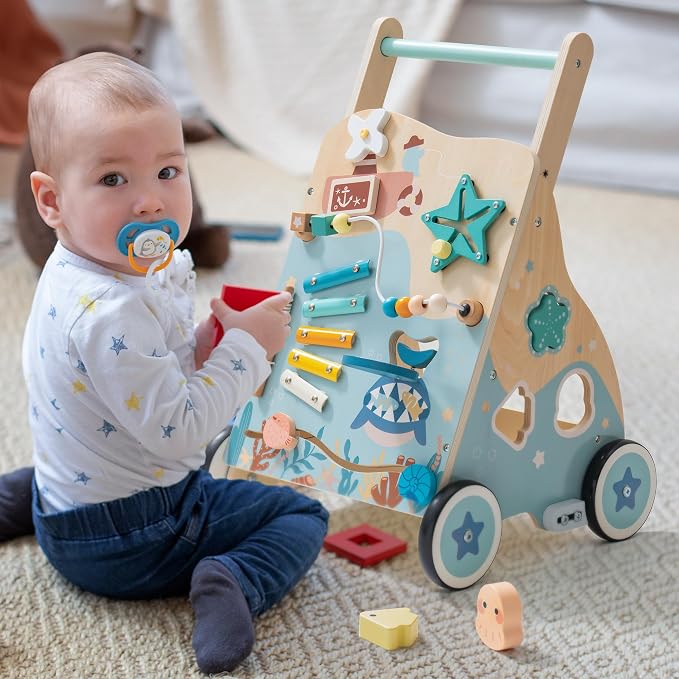 ROBOTIME Wooden Baby Push Walker, Ocean-Themed Wooden Baby Walker with Wheels, Sit-to-Stand Activity Center, Push Toy for Toddlers, for Boys and Girls