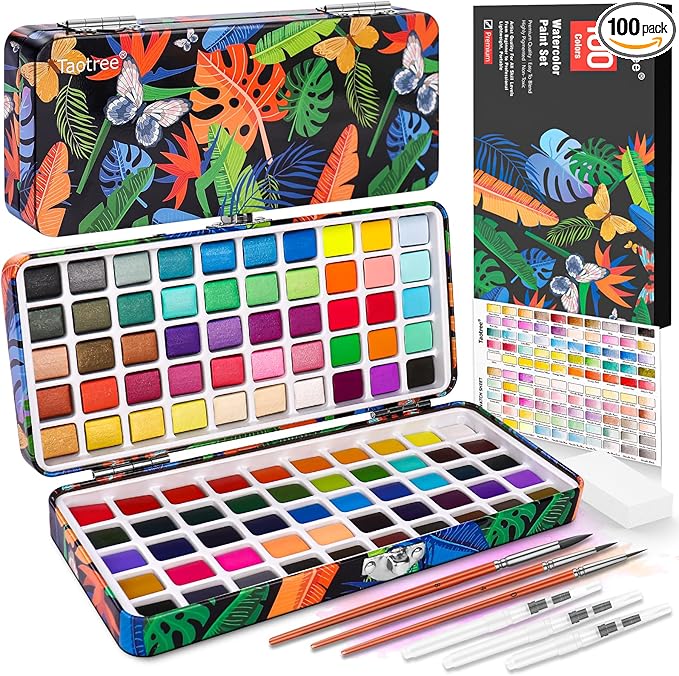 Taotree Watercolor Paint Set 100 Colors, Art Supplies Watercolors Kit Travel Water Colors with 3 Paints Brushes, Crafts Painting Supplies, Drawing for Adults Artist Drawing, Painting