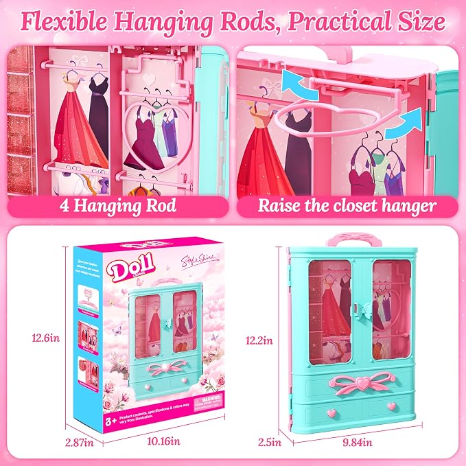 Style Shine 70 Pcs Doll Closet with Clothes & Accessories Set,2 Wedding Gowns 6 Fashion Dresses 2 Casual Outfits 2 Swimsuit 10 Shoes 20 Hanger 27 Accessories,Dress up Toys for Girls Kids Gift