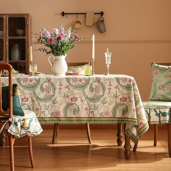 patdrea Designer Vintage Linen Long Rectangle Tablecloth,Green French Leaves Pattern Floral Table Cloth,Fall Decoration Cover for Kitchen Dining Christmas,Thanksgiving,63"x102"-Cecilia a