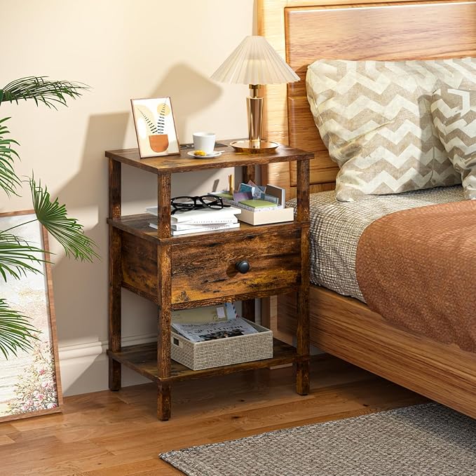 Lerliuo Nightstand Set of 2 with Charging Station and USB Ports, 3-Tier Storage End Table with Drawer Shelf, Night Stand for Small Spaces, Wood Bedside Table for Living Room, Bedroom-Brown