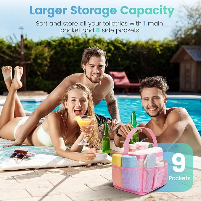 Camping Essentials Shower Caddy Portable for College Dorm Room Essentials for Girls with 8 Pockets,Large-Capacity Shower Caddy Dorm Basket,Quick Dry Bath Bag for Bathroom,Gym,Travel,Swim,Beach-Pink