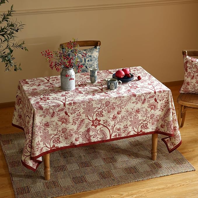ISAENNE Designer French Linen Small Rectangular Tablecloth,Red Floral Washable Indoor Table Cloth,Durable Home Decor Tablecloths for Dining Thanksgiving Kitchen Party Christmas,55"*71"-Ruyi A