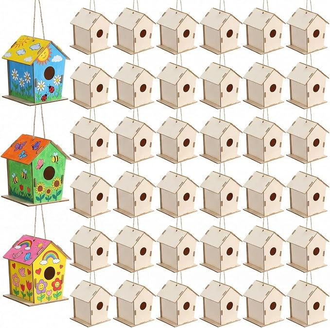 DoubleFill 12 Pcs 4.33" Wooden Bird Houses Crafts Kit for Kids DIY Unfinished Hanging Birdhouse for Art Painting Wood Toys Boy Girl Class Back to School Classroom Project Parties Creative Activity