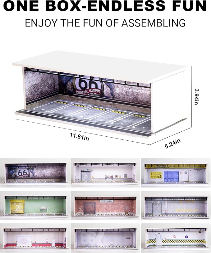 1/64 Scale Display Case Car Garage Moldel, Acrylic Cover Diecast Car Show Case with LED Light 6 Parking Spaces, Hot diecast Wheel Parking Scene (Vehicles Not Included) Car Repair Basement