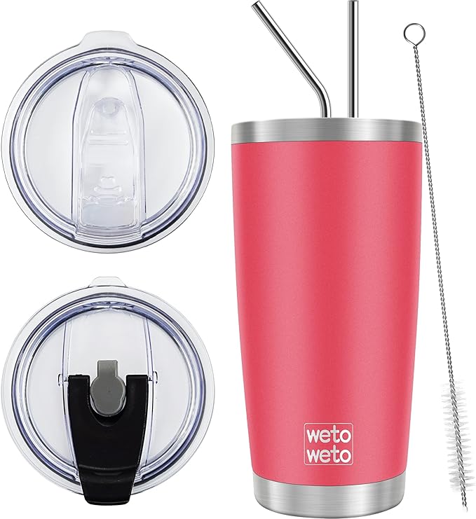 WETOWETO 20oz Tumbler with 2 lids and 2 straws, Stainless Steel Vacuum Insulated Water Coffee Tumbler Cup, Double Wall Powder Coated Spill-Proof Travel Mug Thermal Cup (Watermelon Red, 1 Pack)