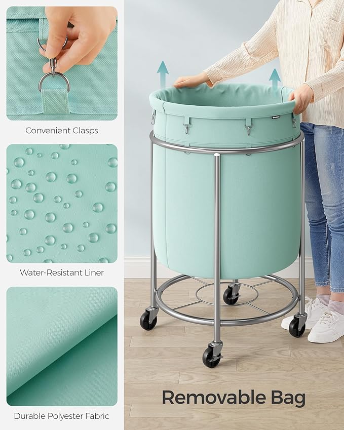 SONGMICS 50.2-Gallon (190 L) Laundry Basket with Wheels, Rolling Round Heavy-Duty Laundry Hamper Cart with Steel Frame and Removable Bag, 2 Locking Wheels, Mint Green and Metallic Silver URLS001C01