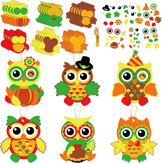 chiazllta 30 Packs Fall Craft Thanksgiving Owl DIY Art Craft with Fall Autumn Leaves Pumpkins Stickers Make Your Own Owl Set for Home Game Activities