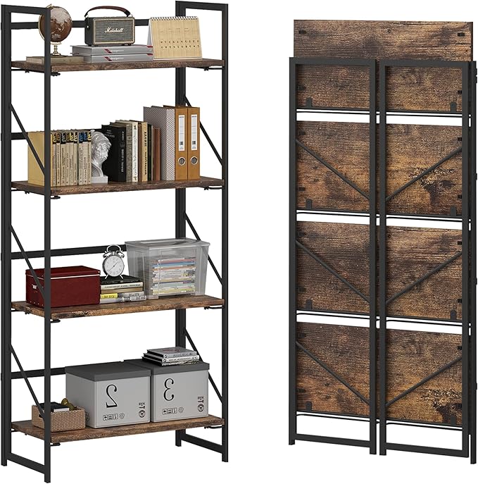 JSB No Assembly Folding Bookshelf, 4 Tier Industrial Metal Book Shelf for Storage, Vintage Wood Foldable Bookcase for Living Room, Bedroom, Office Organization Shelves