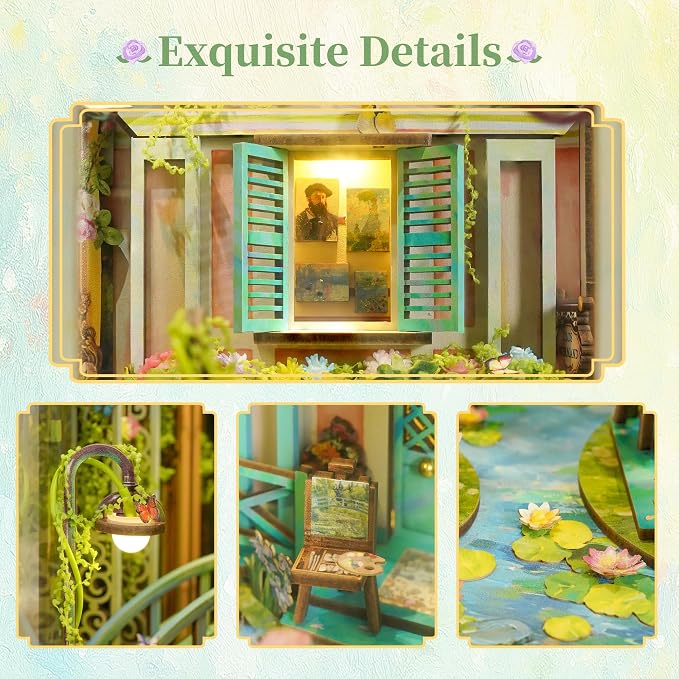 Tonecheer DIY Book Nook Kit for Adults, 3D Puzzle Wooden Miniature House Kit, Booknook Dollhouse Bookshelf Insert Decor Bookend with Dust Cover and LED Lights Gifts (Giverny Garden)