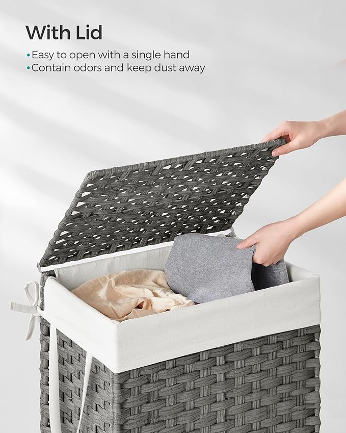 SONGMICS Laundry Hamper with Lid, 23.8 Gallon (90 L) Synthetic Rattan Clothes Laundry Basket with Lid and Handles, Foldable, Removable Liner, Dove Gray ULCB51WG