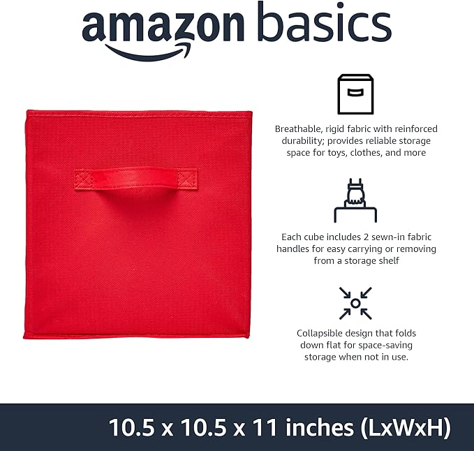 Amazon Basics Cube Organizer Storage Bins Handles, Collapsible Fabric, 10.5"x10.5"x11", Red (Pack of 30)