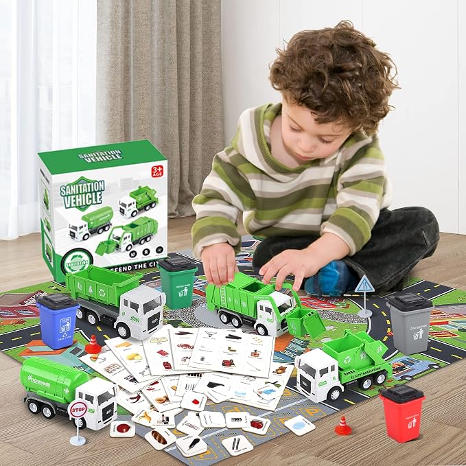 Garbage Truck Toy Vehicles Playset w/Play Mat,Friction Powered Sanitation Truck/Dump Truck/Tipper/Water Tanker,8 Pcs Signposts,6 Pcs Mini Engineer Cars for boy Age 3+ Toddlers kid Birthday Gift,Green