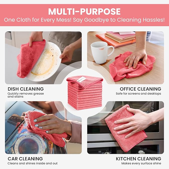 Microfiber Cleaning Cloth, 12 Pack Pink Cleaning Rags for Housekeeping, Reusable Microfiber Towels for Car, Kitchen, Bathroom and Household Cleaning Supplies, 11.8"X11.8"