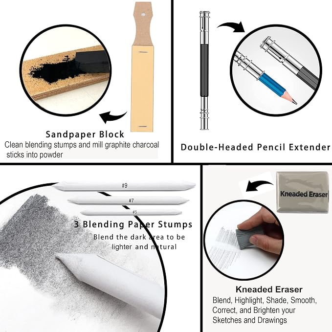 KALOUR 34 Sketching Pencil Set with Sketchbook - Zippered Travel Case - Sketch,Charcoal,Eraser - Art Drawing Supplies for Beginner, Kids,Adults