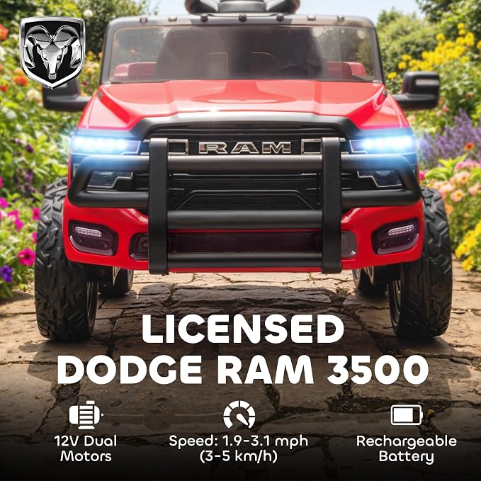 Qaba 12V Kids Ride on Car, Licensed Dodge RAM 3500 Electric Car for Kids with Dual Motors, Parent Remote Control, Rear Suspension, Power Display, Bluetooth Music and LED Lights, Red