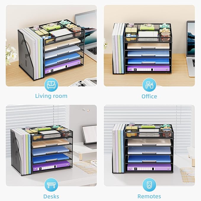 Marbrasse 5-Tier Desk Organizer with File Holder,Paper Letter Tray Organizer,Desktop File Organizer with Adjustable Compartments,Mesh Desk Organizers and Accessories for Office Supplies,Black