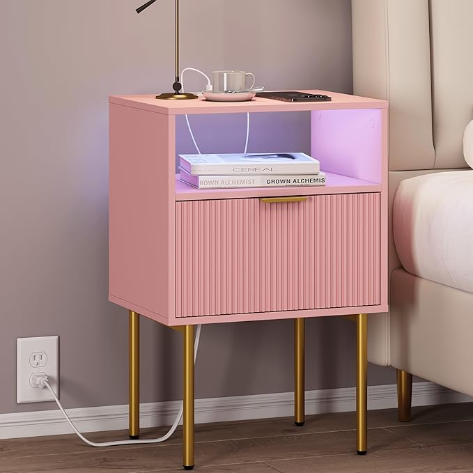 Modern Nightstand with Charging Station and LED Lights, White Bedside Table with Drawer, Fluted Side Table for Living Room, Bedroom