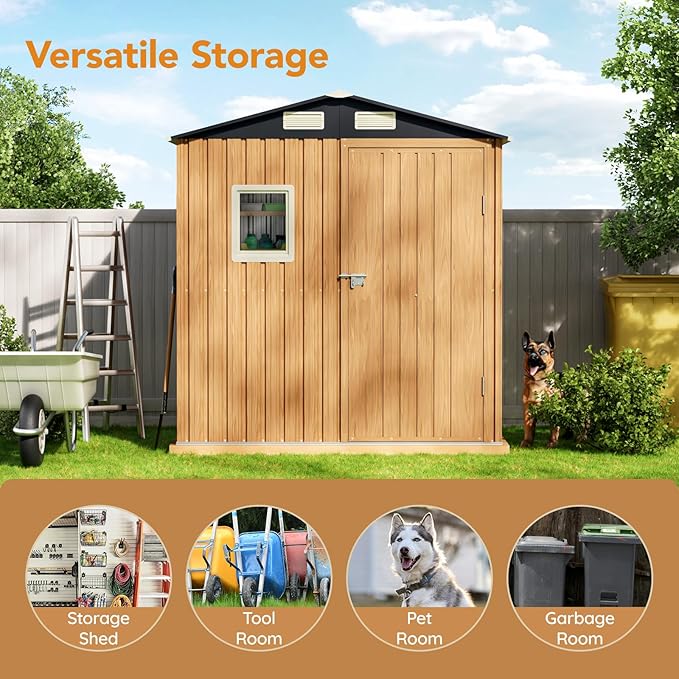 6X4FT Garden Storage Shed with Frame Floor & Lockable Door,Steel Tool Shed with 1 Clear Window, Anti-Corrosion Metal Shed for Backyard Patio Lawn (Light Wood Grain)