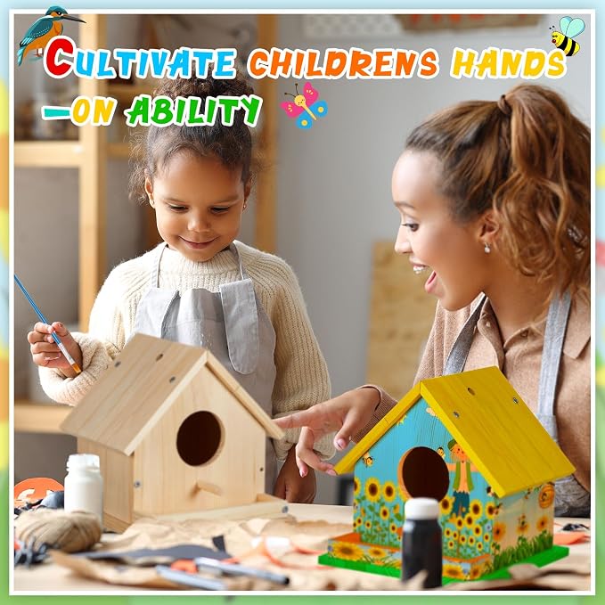 Liliful 16 Sets Wooden DIY Birdhouse Kit, Unfinished Bird Houses with Paints and Paintbrushes, Bird Feeder Craft Arts for Kids Ages 4-8, 8-12, Classroom Activity and Adults Wooden Craft Gifts