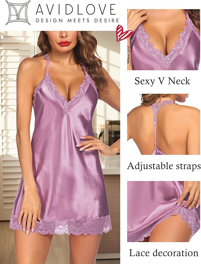 Avidlove Women Lingerie Satin Lace Chemise Nightgown Sexy Full Slips Sleepwear S-4XL