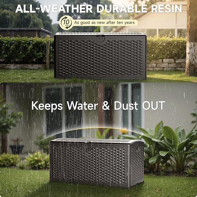80 Gallon Resin Storage Box, All-Weather, Lockable Multi-Purpose Deck Box for Outdoor Cushions, Patio Items, and Garden Equipment, Pure Brown