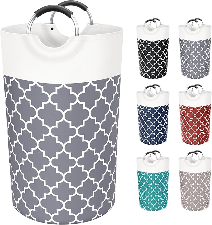 Large Laundry Basket Laundry Hamper Bag Washing Bin Clothes Bag Collapsible Tall with Handles Waterproof Travel Bathroom College Essentials Storage for College Dorm, Family (Grey) 82L