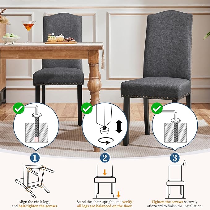 Yaheetech Upholstered Dining Chairs Set of 2, Modern Kitchen Chairs with Nailhead Trims and Solid Wood Legs for Dining Room, Living Room, Restaurant, Fabric Armless Design, Dark Gray