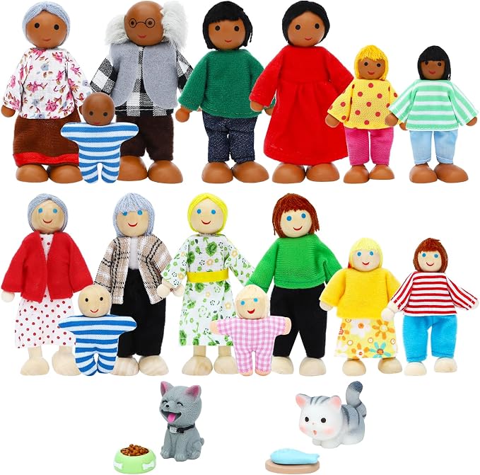 ONEST 20 Pieces Wooden Dollhouse Family Set Mini People Figures Dog Cat Sets Dollhouse Dolls Wooden Doll Family Pretend Play Figures Accessories for Pretend Doll House Toy