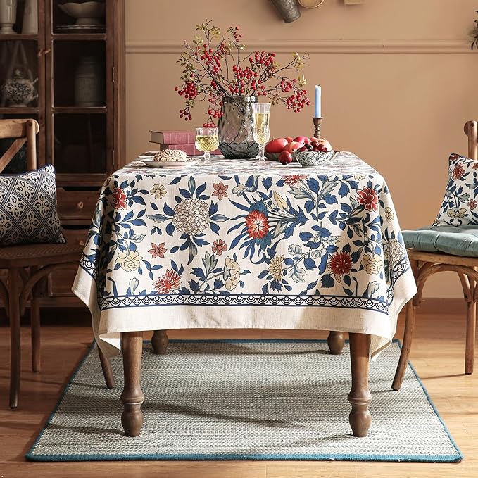 patdrea Designer Blue Small Tablecloth for Rectangle Table,Vintage Linen with Leaves and Floral Pattern Tablecloths,Farmhouse Decor Cover for Kitchen Dining Christmas,Thanksgiving,55"x71"-Ivar a