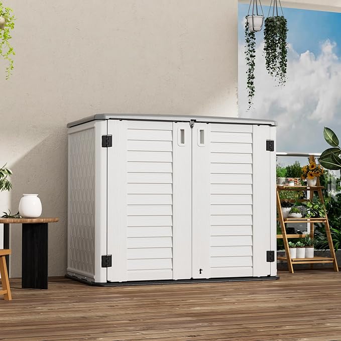 Outdoor Patio Storage Shed,Waterproof Horizontal Outdoor Storage Cabinet for Garbage Cans,Tools and Lawnmower Lockable(34 Cu.ft-Warm-White)