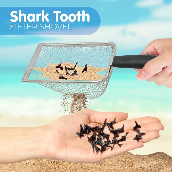 4E's Novelty 2X Shark Tooth Sifter for Beach with 2X Small Mesh Beach Bag for Shell Collecting, Metal Sand Scoop for Picking Up Shells - Beach Toys for Kids (2 Sets)