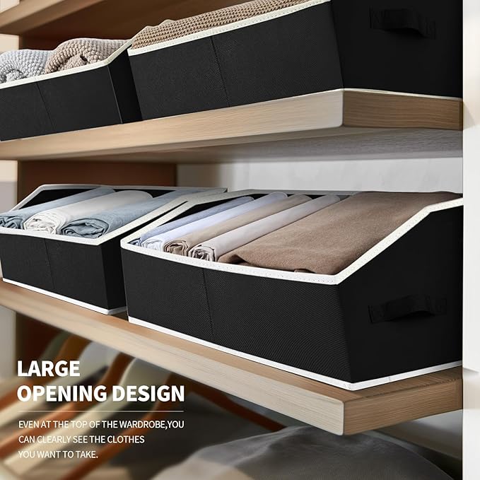 Closet Baskets for Shelves Trapezoid - Decorative Storage Baskets with Handle, Closet Bins for Organization, Shelf Storage Bins for Clothes, Books, Home, Office, 8 Pack, Black