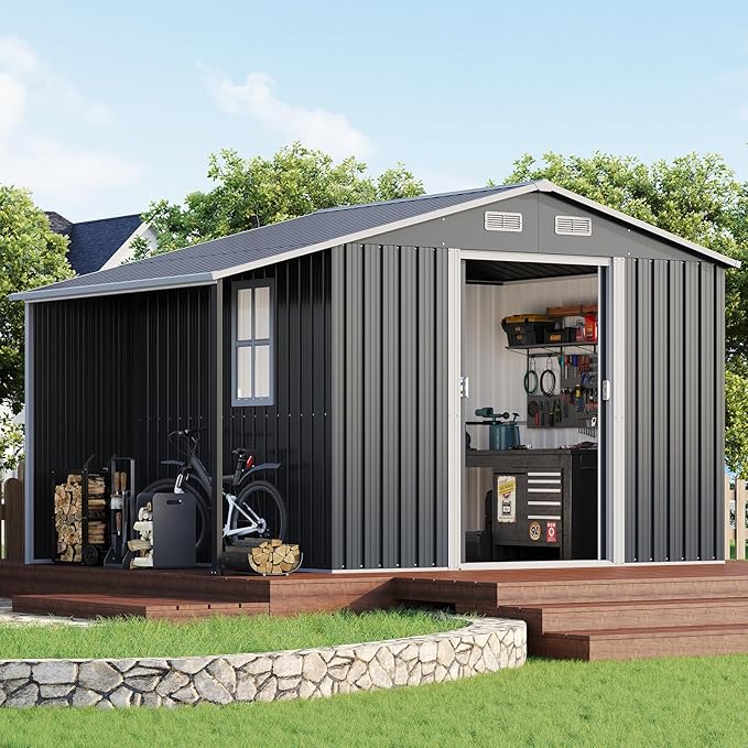Jocisland 10.6x6.8x6.3 FT Outdoor Storage Shed with Sliding Doors, Two 4-Pane Windows, Open-Air Design Outdoor Shed for Wood Storage, Dark Grey/White